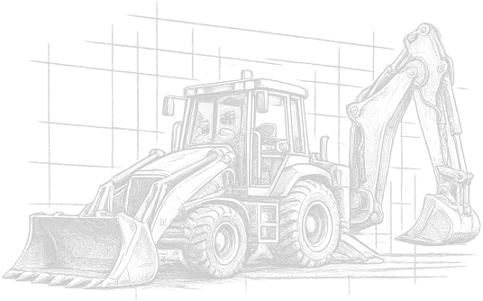 Blueprint-style illustration of an excavator