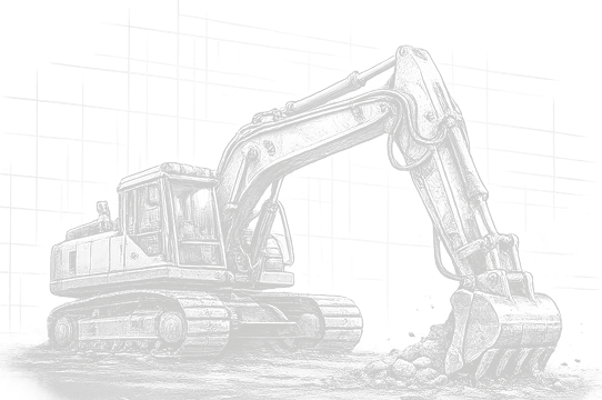 Blueprint-style illustration of an excavator for project delivery consultation