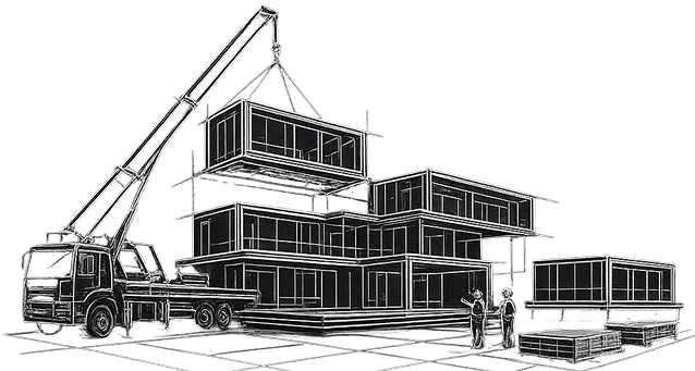 Line drawing of modular building delivery using crane and truck