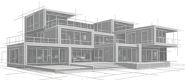 Architectural line drawing of a modular residential building