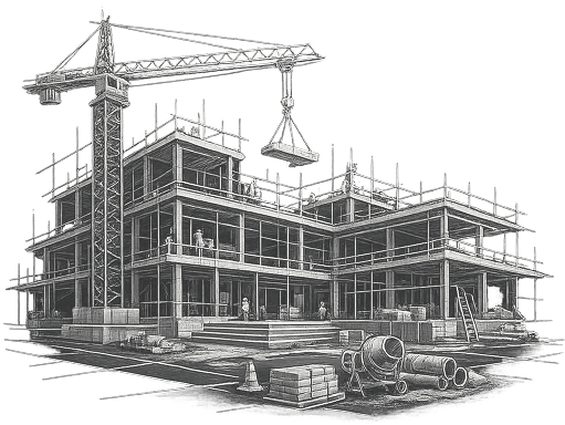 Construction site sketch showing a modular building under development